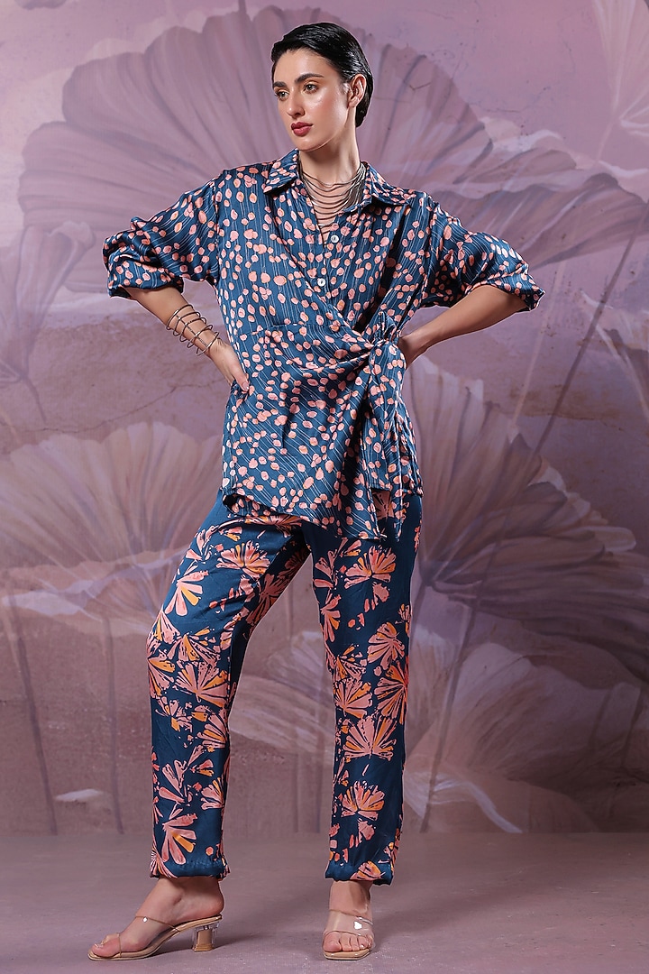 Persian Blue Silk Blend Printed Co-Ord Set by Pallavi Jaipur at Pernia's Pop Up Shop