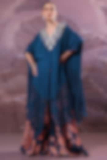 Persian Blue Silk Gota-Patti Embroidered Kaftan Set by Pallavi Jaipur at Pernia's Pop Up Shop