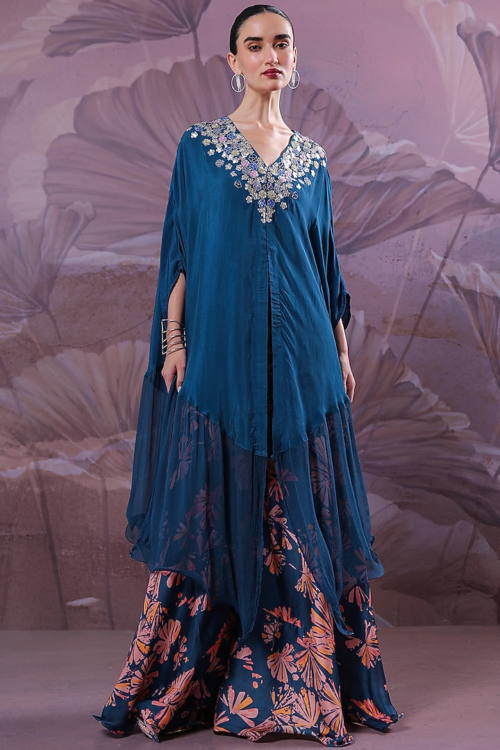 Persian Blue Silk Gota-Patti Embroidered Kaftan Set by Pallavi Jaipur at Pernia's Pop Up Shop