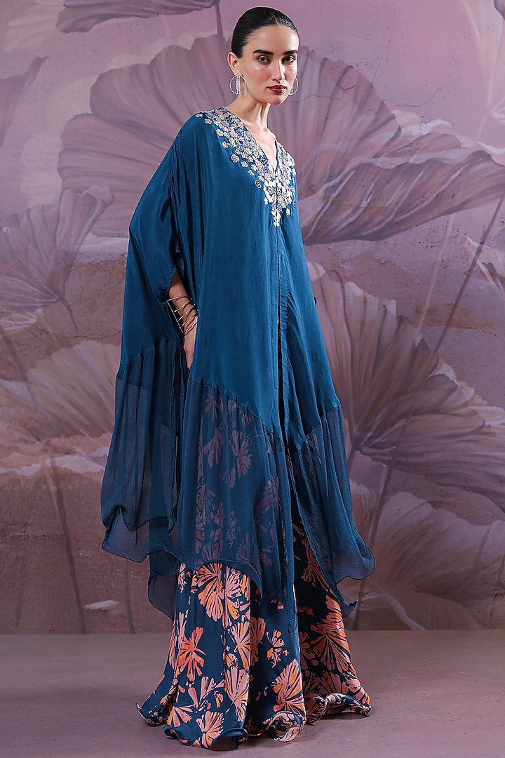 Persian Blue Silk Gota-Patti Embroidered Kaftan Set by Pallavi Jaipur at Pernia's Pop Up Shop