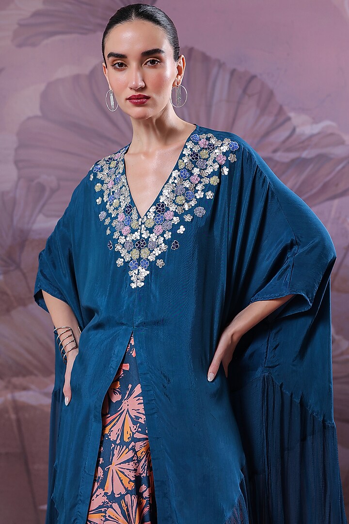 Persian Blue Silk Gota-Patti Embroidered Kaftan Set by Pallavi Jaipur at Pernia's Pop Up Shop