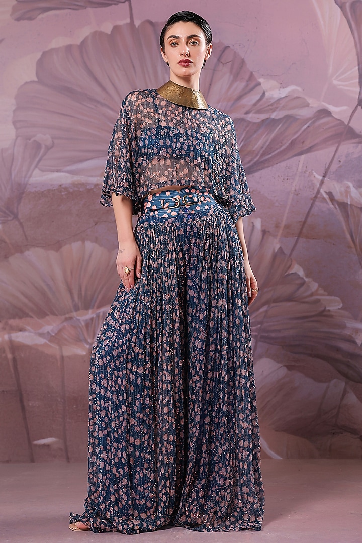 Persian Blue Chiffon Printed Co-Ord Set by Pallavi Jaipur at Pernia's Pop Up Shop
