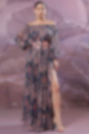 Persian Blue Chiffon Printed Maxi Vacation Dress With Belt by Pallavi Jaipur at Pernia's Pop Up Shop