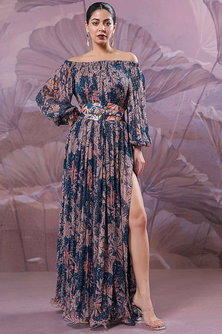 Persian Blue Chiffon Printed Maxi Vacation Dress With Belt by Pallavi Jaipur at Pernia's Pop Up Shop