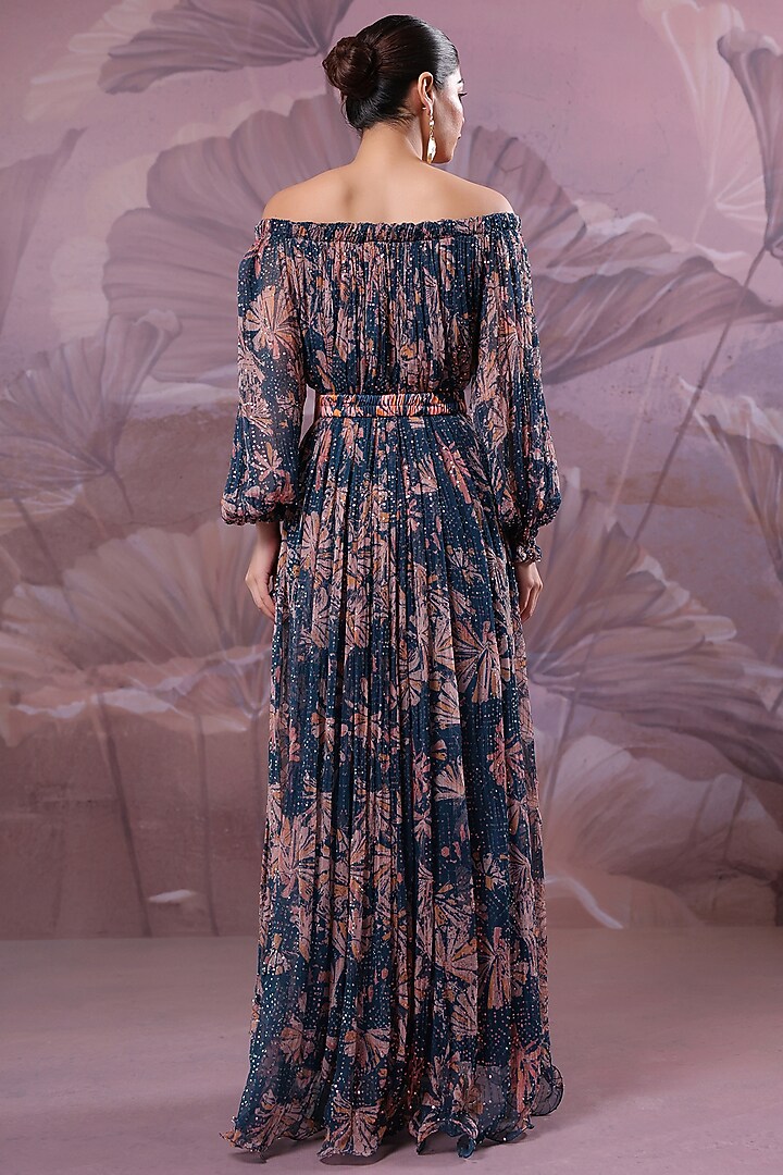 Persian Blue Chiffon Printed Maxi Vacation Dress With Belt by Pallavi Jaipur at Pernia's Pop Up Shop