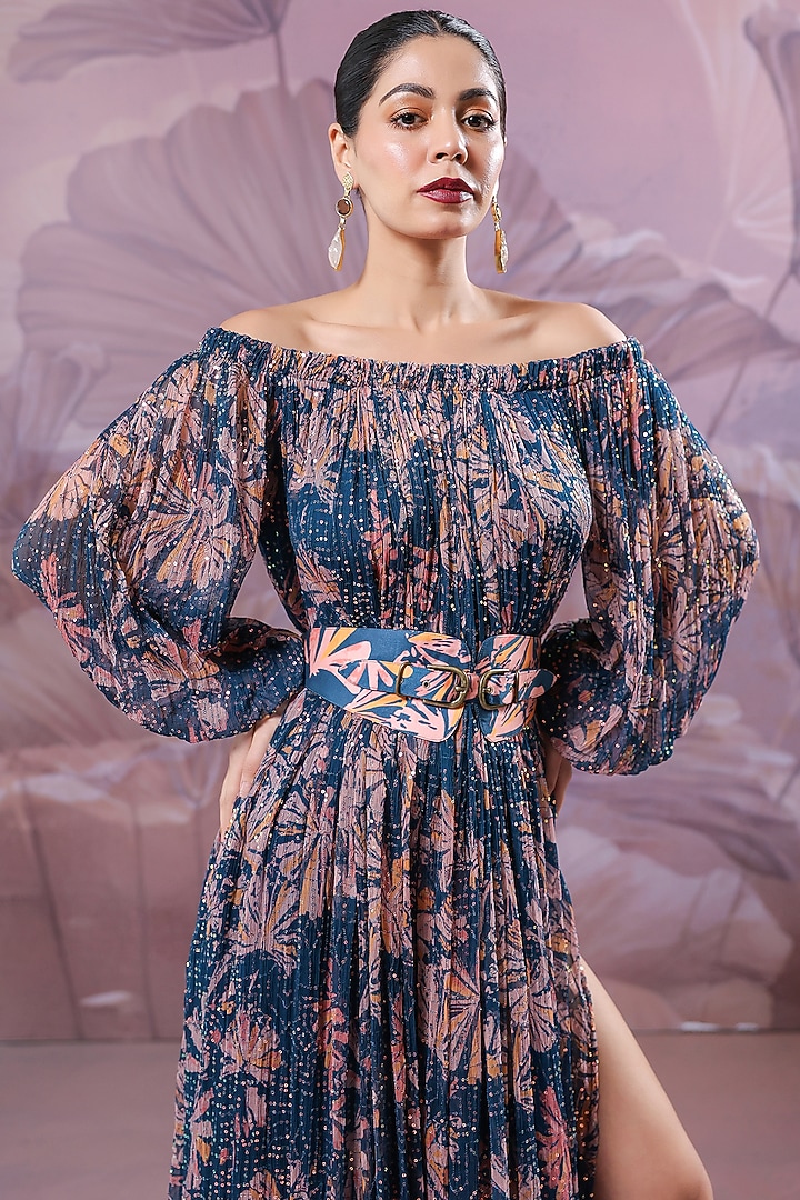 Persian Blue Chiffon Printed Maxi Vacation Dress With Belt by Pallavi Jaipur at Pernia's Pop Up Shop