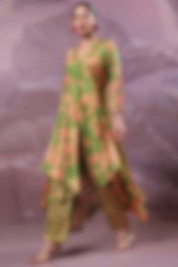 Avocado Green Silk Blend Printed High-Low Tunic Set by Pallavi Jaipur at Pernia's Pop Up Shop