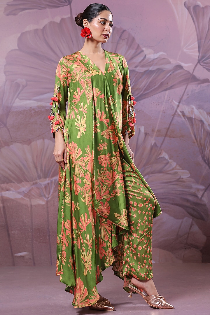 Avocado Green Silk Blend Printed High-Low Tunic Set by Pallavi Jaipur at Pernia's Pop Up Shop