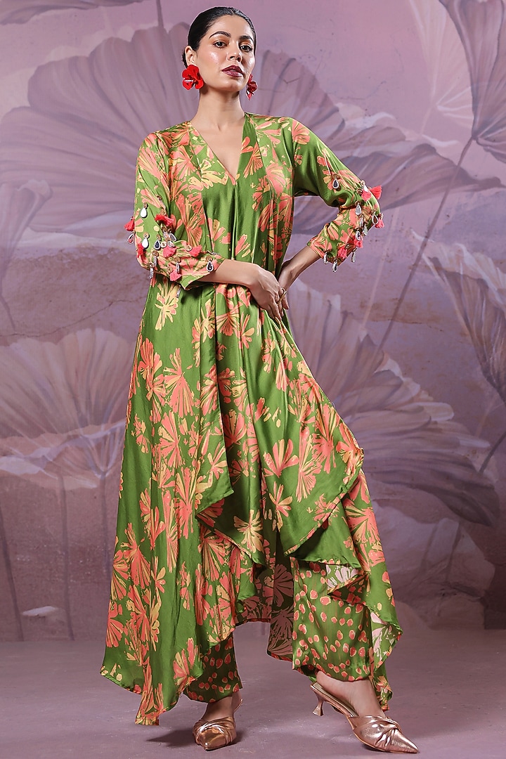 Avocado Green Silk Blend Printed High-Low Tunic Set by Pallavi Jaipur at Pernia's Pop Up Shop