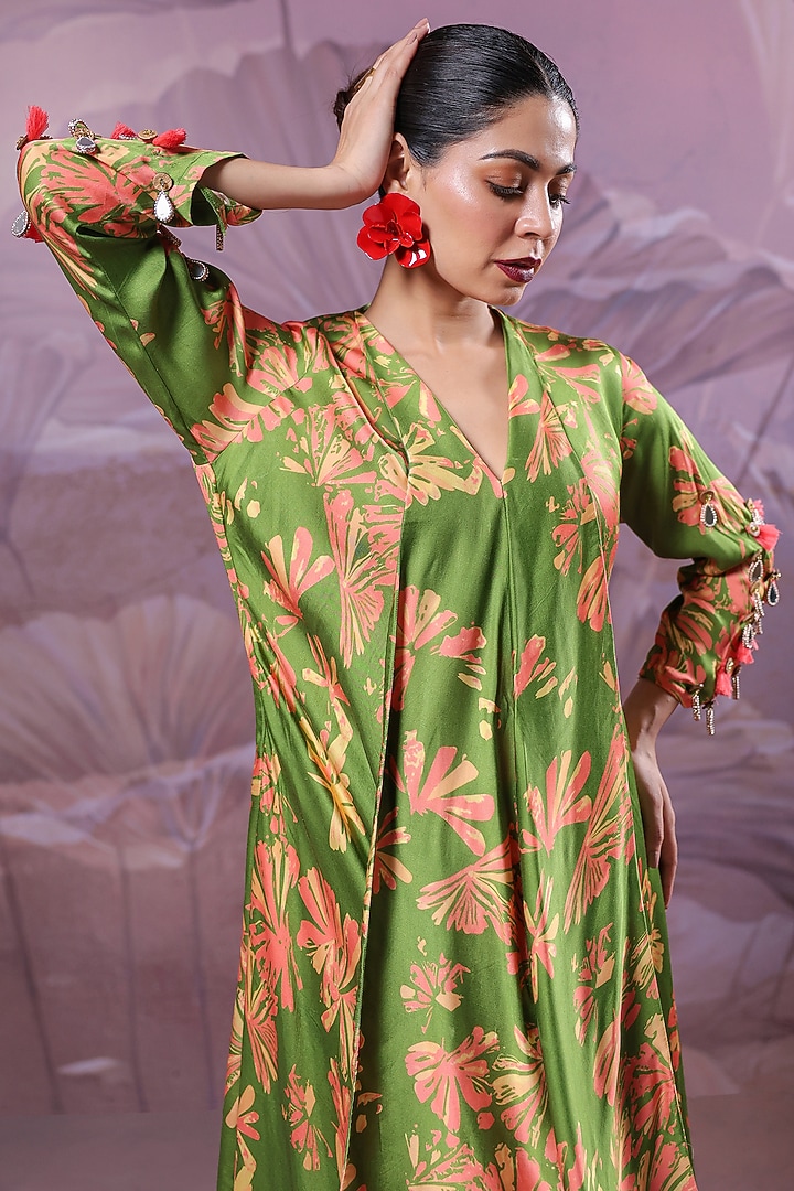 Avocado Green Silk Blend Printed High-Low Tunic Set by Pallavi Jaipur at Pernia's Pop Up Shop