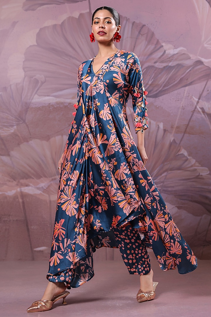 Persian Blue Silk Blend Printed High-Low Tunic Set by Pallavi Jaipur at Pernia's Pop Up Shop