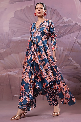 Persian Blue Silk Blend Printed High-Low Tunic Set by Pallavi Jaipur