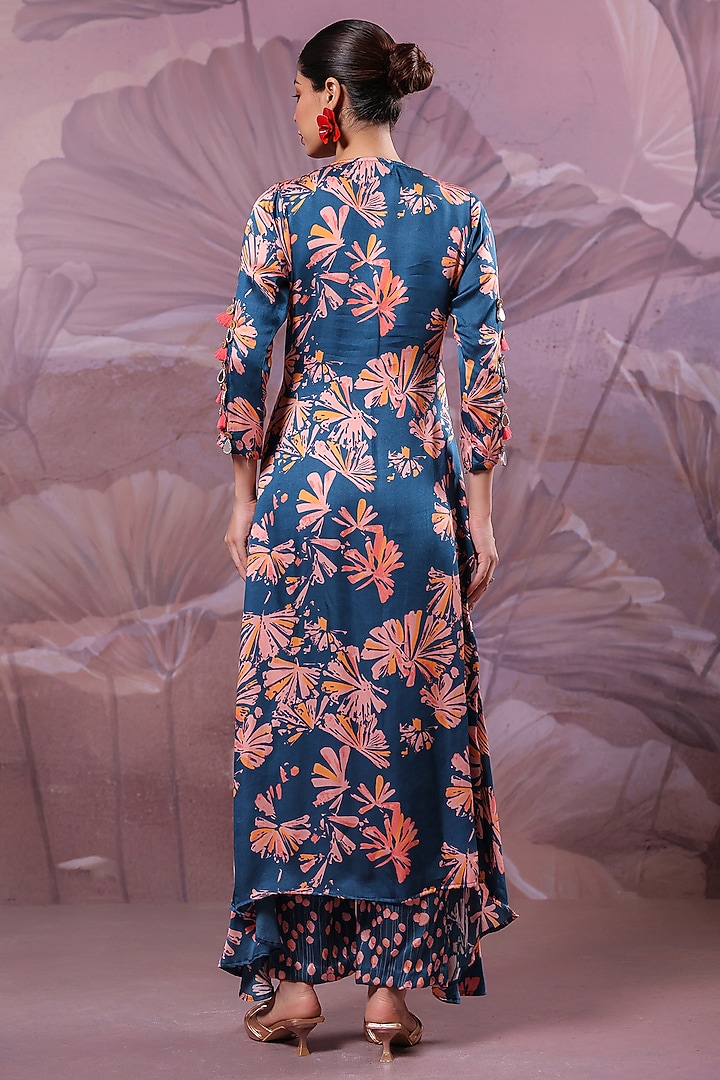 Persian Blue Silk Blend Printed High-Low Tunic Set by Pallavi Jaipur at Pernia's Pop Up Shop