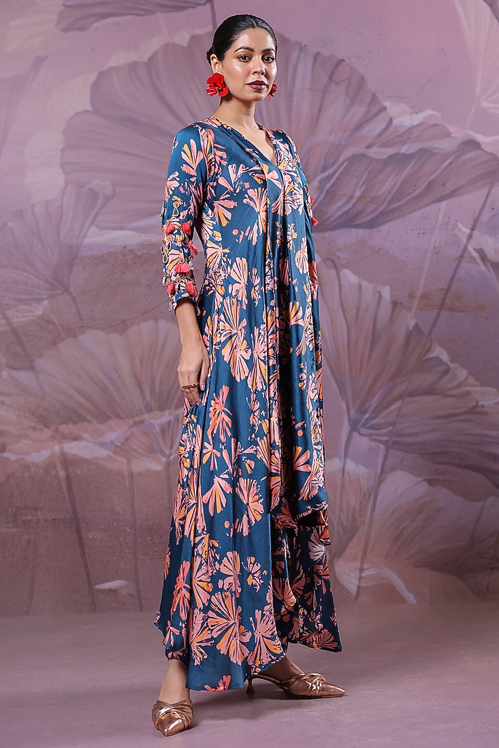 Persian Blue Silk Blend Printed High-Low Tunic Set by Pallavi Jaipur at Pernia's Pop Up Shop