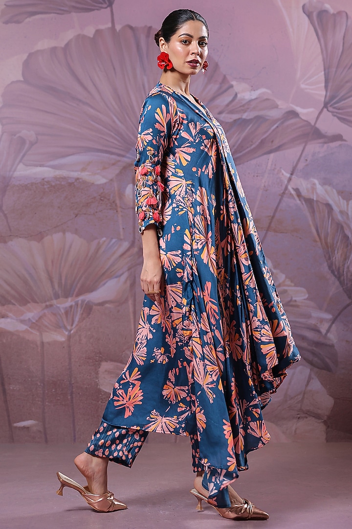 Persian Blue Silk Blend Printed High-Low Tunic Set by Pallavi Jaipur at Pernia's Pop Up Shop