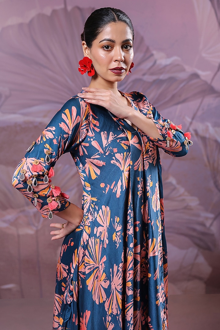 Persian Blue Silk Blend Printed High-Low Tunic Set by Pallavi Jaipur at Pernia's Pop Up Shop