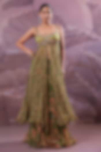 Avocado Green Silk Blend Printed Strappy Kurta Set by Pallavi Jaipur at Pernia's Pop Up Shop