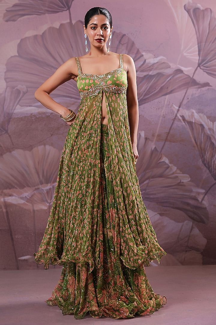 Avocado Green Silk Blend Printed Strappy Kurta Set by Pallavi Jaipur at Pernia's Pop Up Shop
