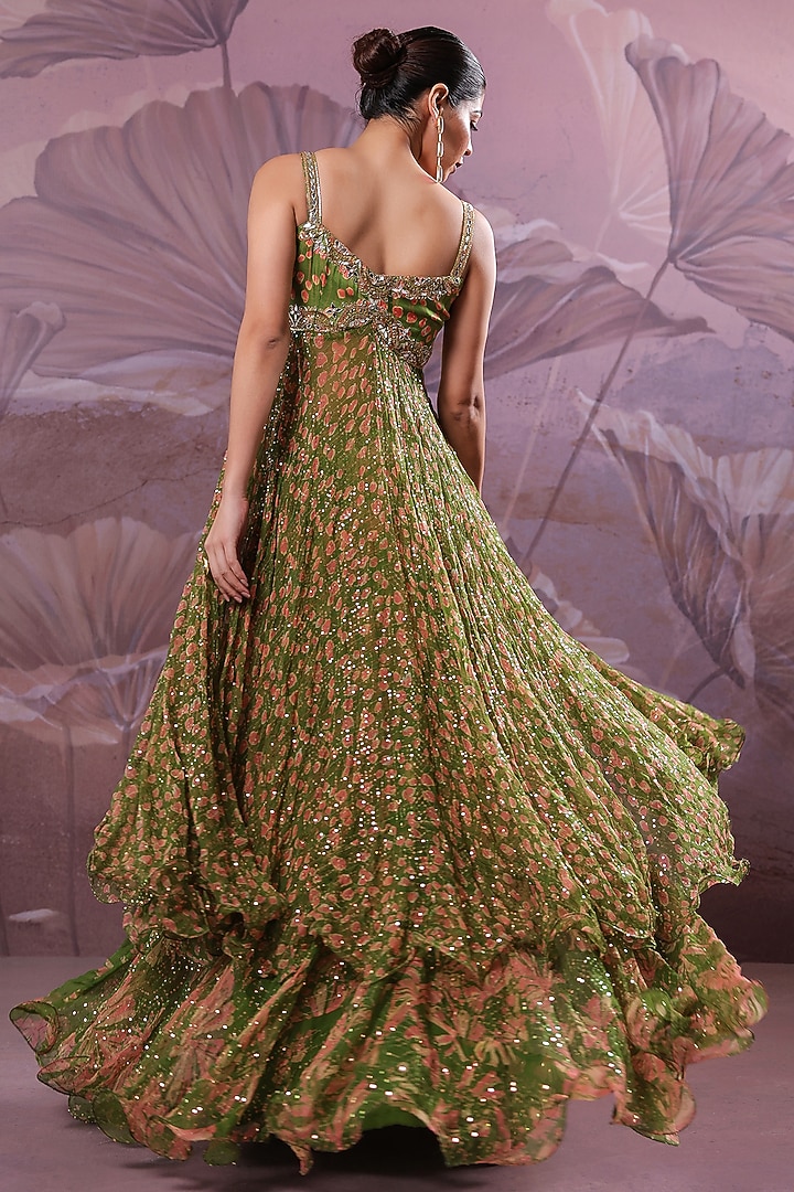 Avocado Green Silk Blend Printed Strappy Kurta Set by Pallavi Jaipur at Pernia's Pop Up Shop