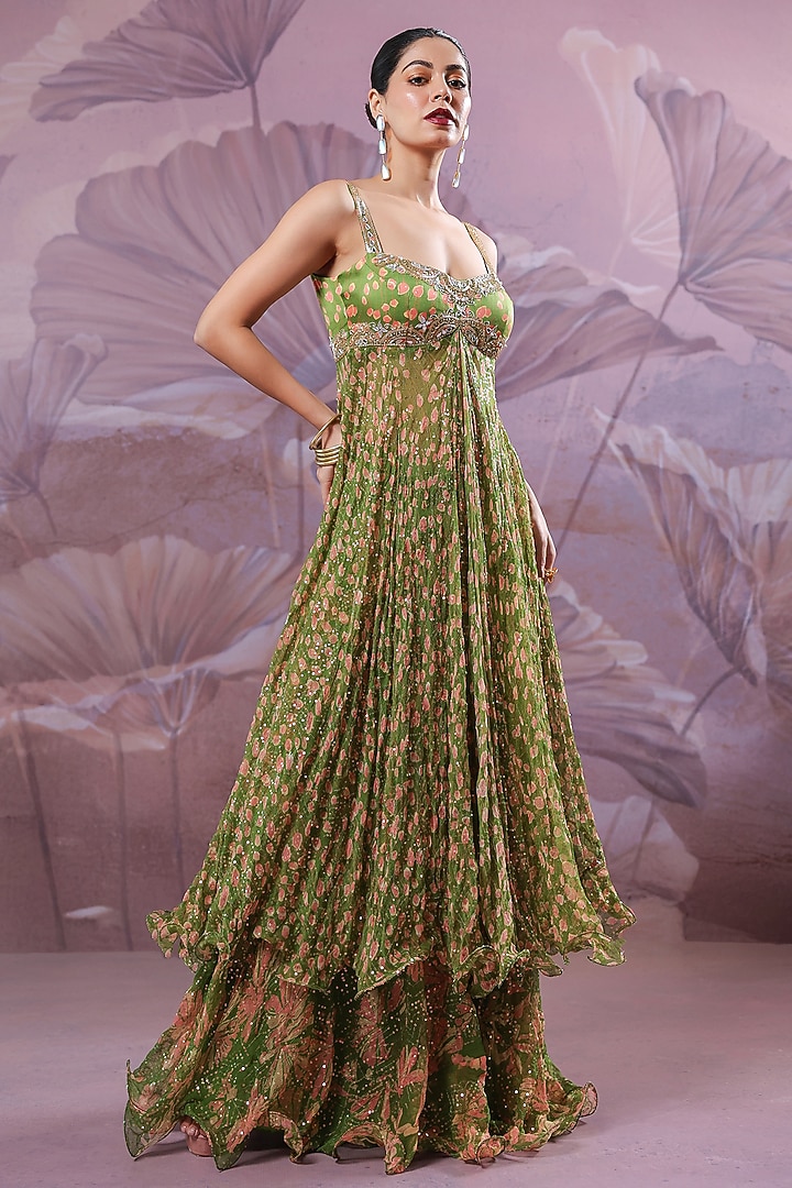 Avocado Green Silk Blend Printed Strappy Kurta Set by Pallavi Jaipur at Pernia's Pop Up Shop