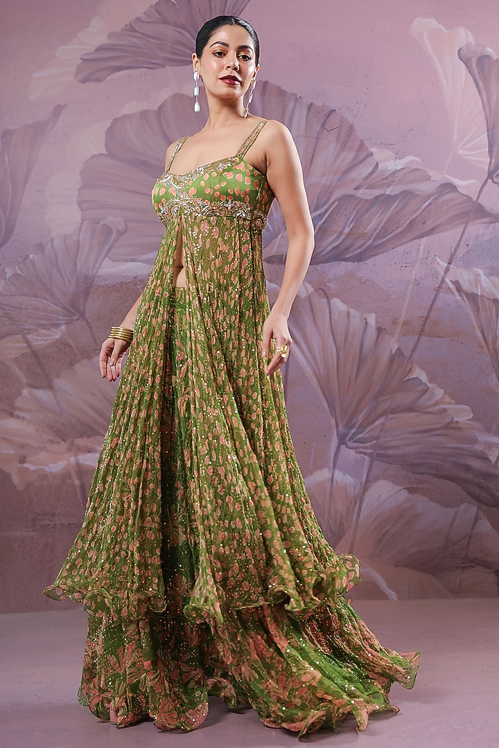 Avocado Green Silk Blend Printed Strappy Kurta Set by Pallavi Jaipur at Pernia's Pop Up Shop
