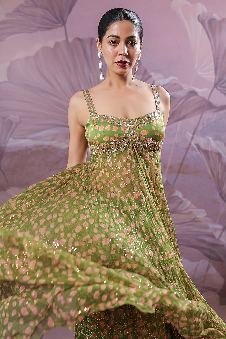 Avocado Green Silk Blend Printed Strappy Kurta Set by Pallavi Jaipur at Pernia's Pop Up Shop