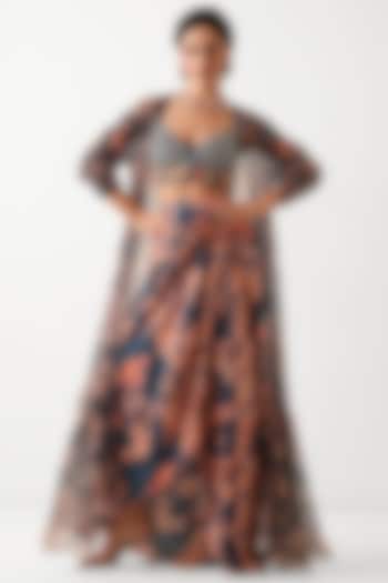 Persian Blue Silk Blend Printed Draped Skirt Set by Pallavi Jaipur at Pernia's Pop Up Shop