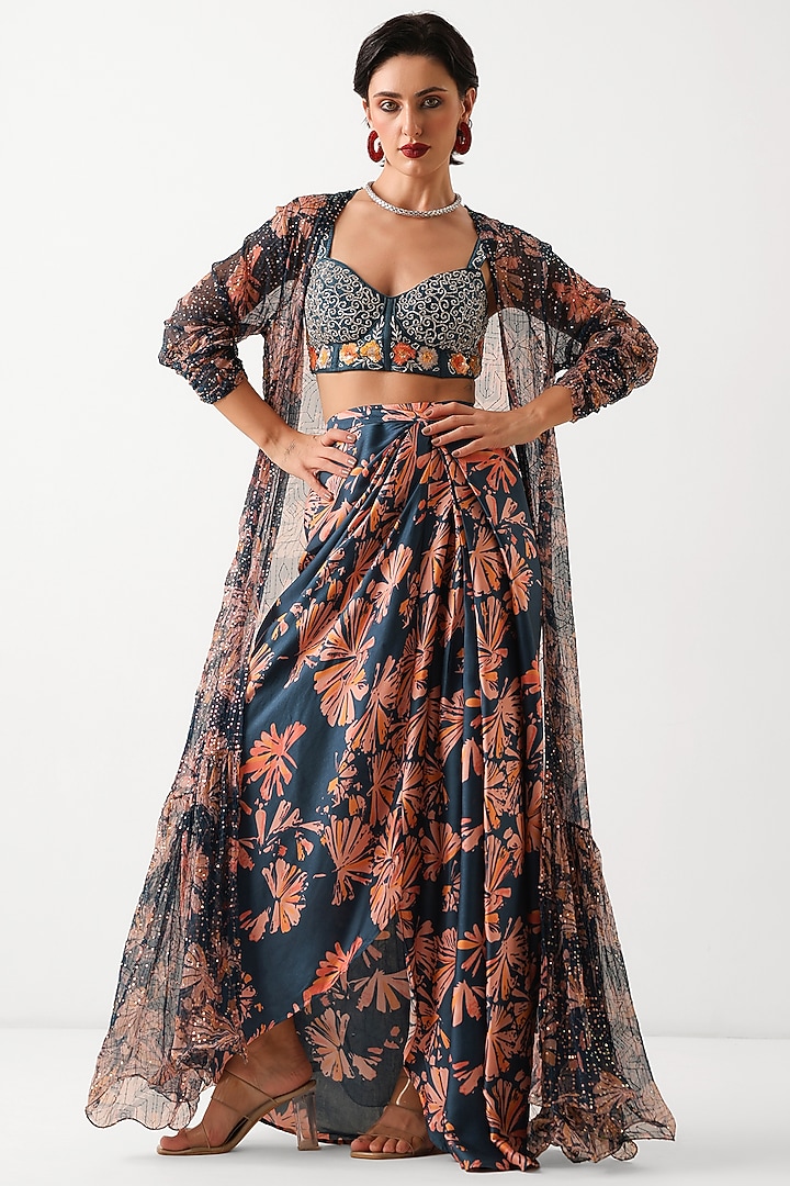 Persian Blue Silk Blend Printed Draped Skirt Set by Pallavi Jaipur at Pernia's Pop Up Shop
