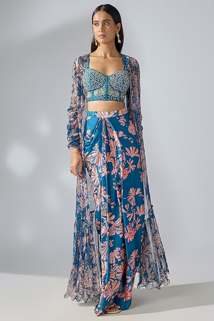 Prussian Blue Chiffon Printed & Embroidered Cape Set by Pallavi Jaipur at Pernia's Pop Up Shop
