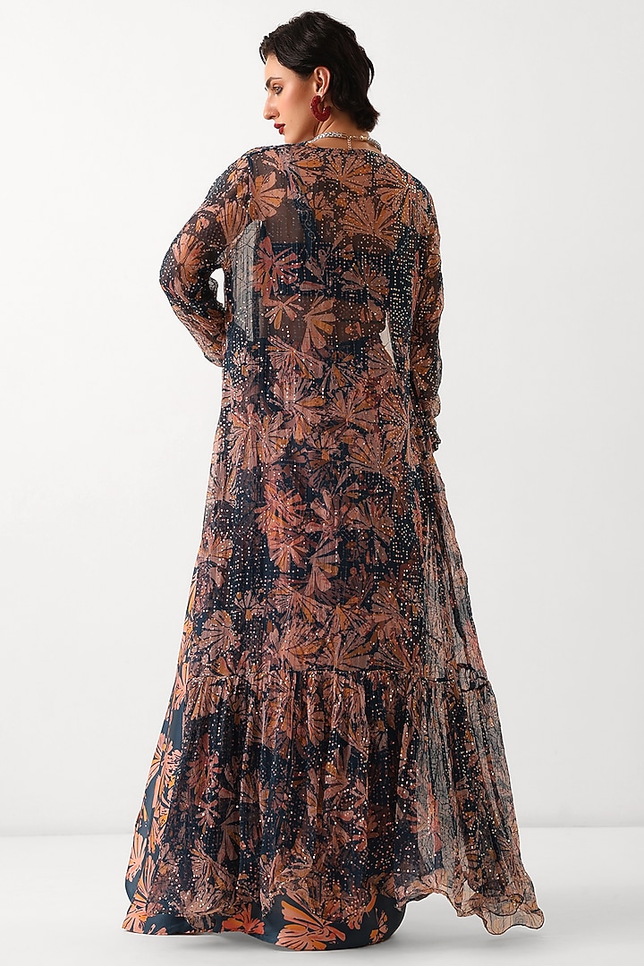 Prussian Blue Chiffon Printed & Embroidered Cape Set by Pallavi Jaipur at Pernia's Pop Up Shop