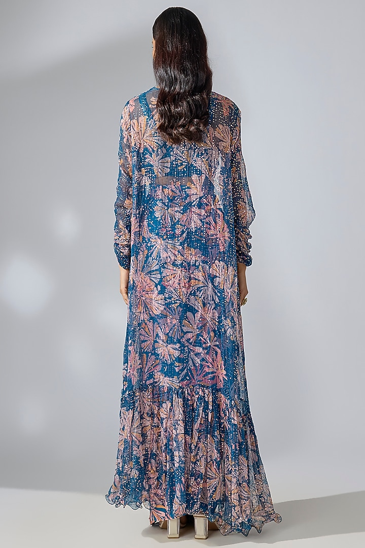 Prussian Blue Chiffon Printed & Embroidered Cape Set by Pallavi Jaipur at Pernia's Pop Up Shop