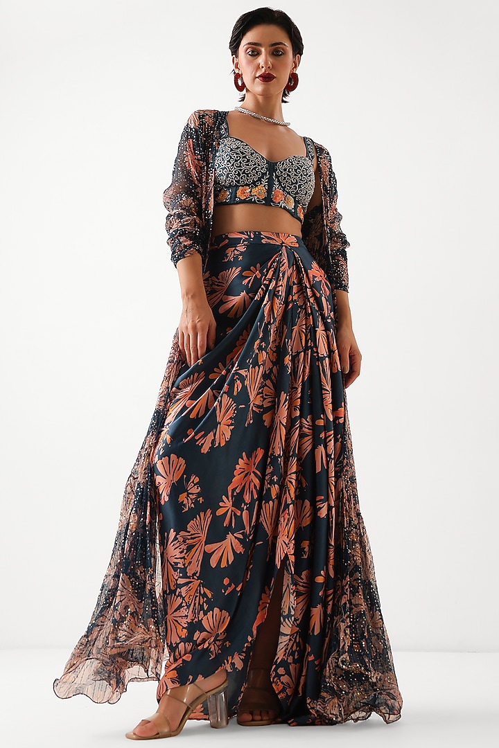 Prussian Blue Chiffon Printed & Embroidered Cape Set by Pallavi Jaipur at Pernia's Pop Up Shop