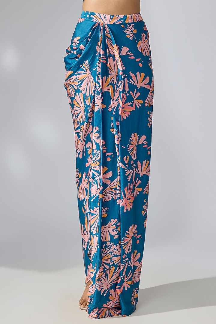 Prussian Blue Chiffon Printed & Embroidered Cape Set by Pallavi Jaipur at Pernia's Pop Up Shop