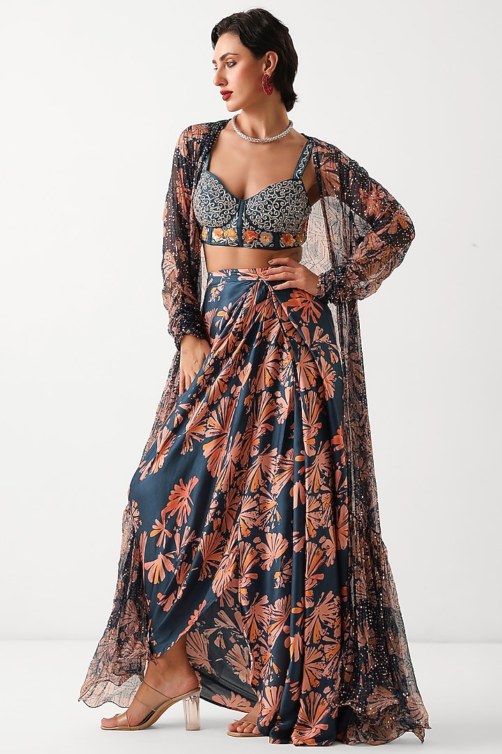Prussian Blue Chiffon Printed & Embroidered Cape Set by Pallavi Jaipur at Pernia's Pop Up Shop