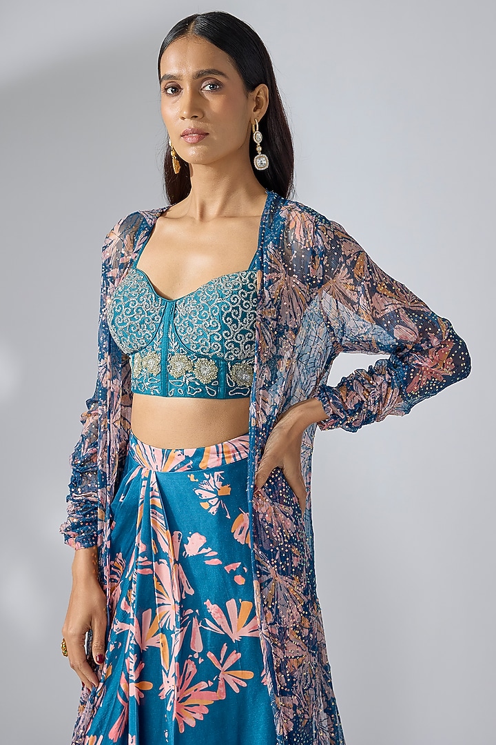 Prussian Blue Chiffon Printed & Embroidered Cape Set by Pallavi Jaipur at Pernia's Pop Up Shop