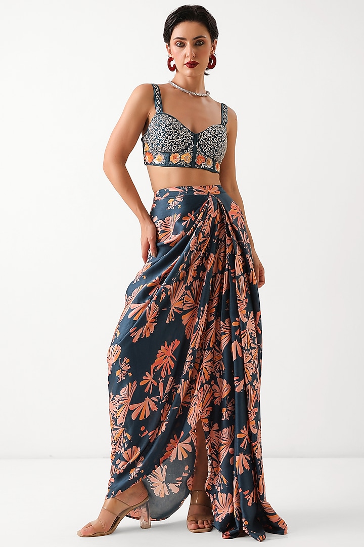 Prussian Blue Chiffon Printed & Embroidered Cape Set by Pallavi Jaipur at Pernia's Pop Up Shop