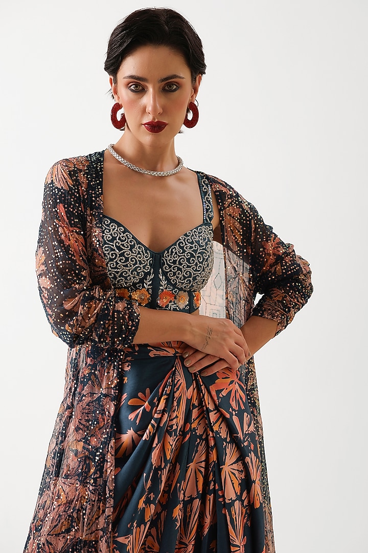 Prussian Blue Chiffon Printed & Embroidered Cape Set by Pallavi Jaipur at Pernia's Pop Up Shop