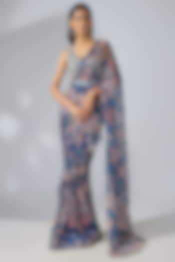 Prussian Blue Chiffon Printed Ready-To-Wear Ruffled Wedding Saree Set by Pallavi Jaipur at Pernia's Pop Up Shop