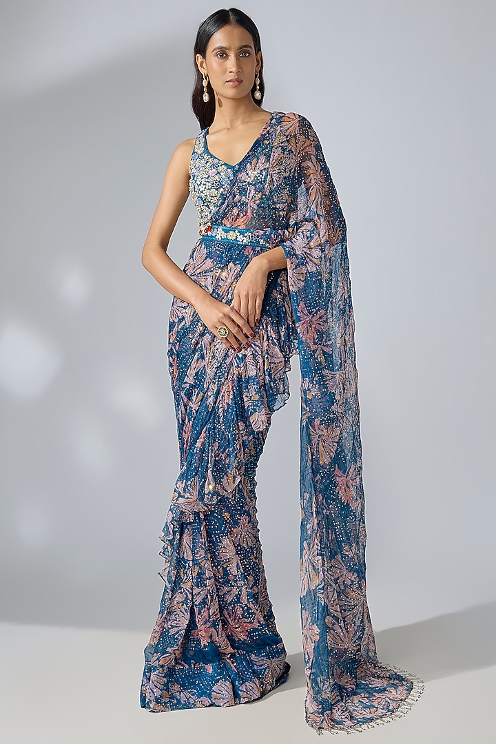 Prussian Blue Chiffon Printed Ready-To-Wear Ruffled Wedding Saree Set by Pallavi Jaipur at Pernia's Pop Up Shop
