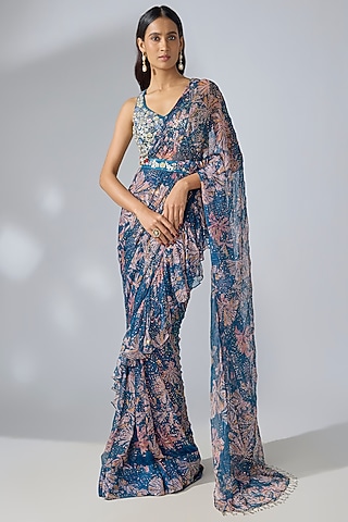 Prussian Blue Chiffon Printed Ready-To-Wear Ruffled Saree Set by Pallavi Jaipur