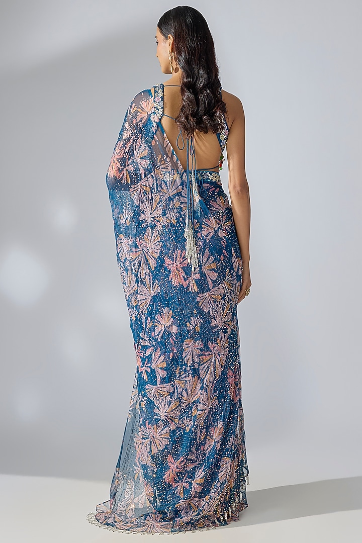 Prussian Blue Chiffon Printed Ready-To-Wear Ruffled Wedding Saree Set by Pallavi Jaipur at Pernia's Pop Up Shop