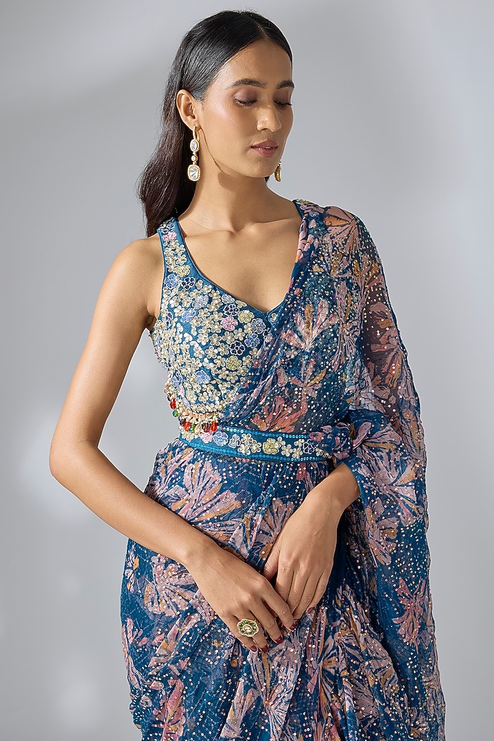 Prussian Blue Chiffon Printed Ready-To-Wear Ruffled Wedding Saree Set by Pallavi Jaipur at Pernia's Pop Up Shop
