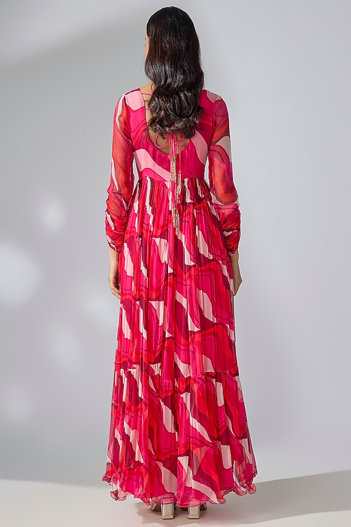 Fuchsia Pink Chiffon Printed & Embroidered Wedding Anarkali Set by Pallavi Jaipur at Pernia's Pop Up Shop