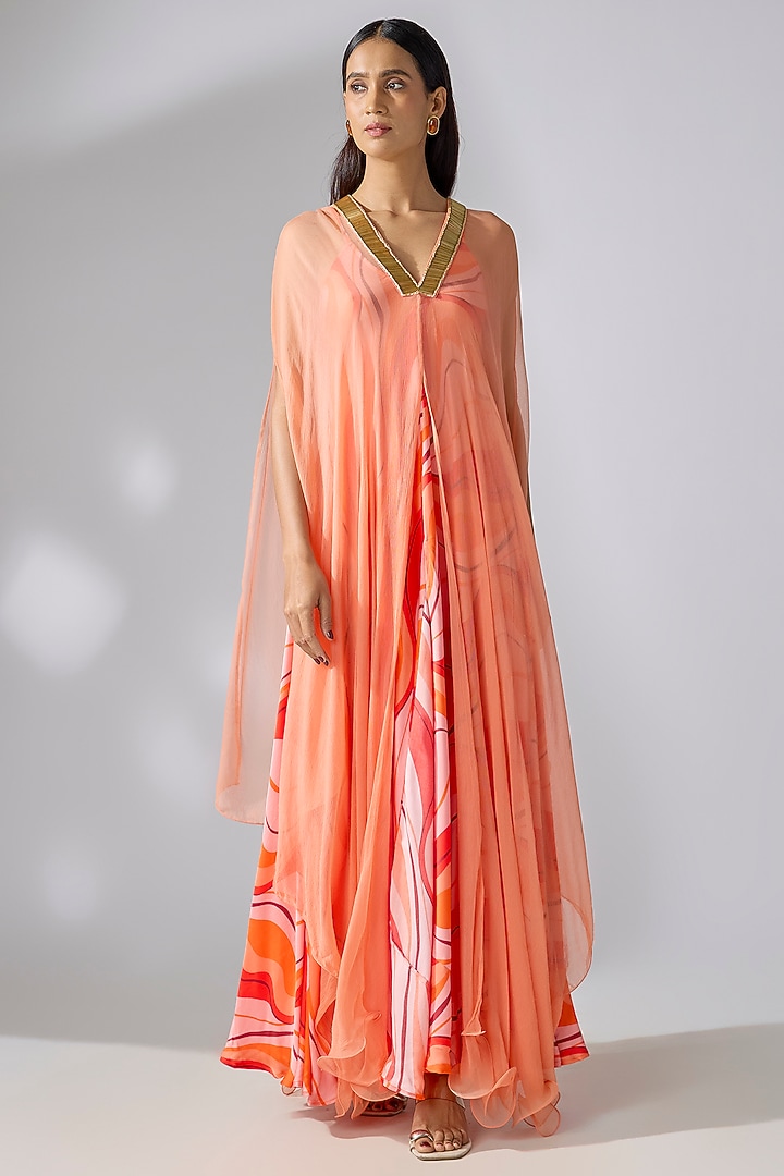Tangerine Modal Printed Vacation Dress With Cape by Pallavi Jaipur at Pernia's Pop Up Shop