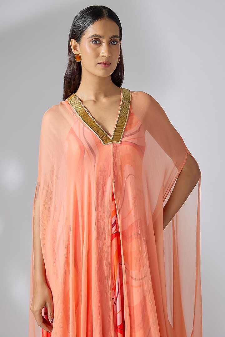 Tangerine Modal Printed Vacation Dress With Cape by Pallavi Jaipur at Pernia's Pop Up Shop