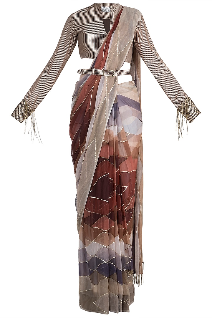 Brown Embellished Printed Saree Set With Belt by Pallavi Jaipur