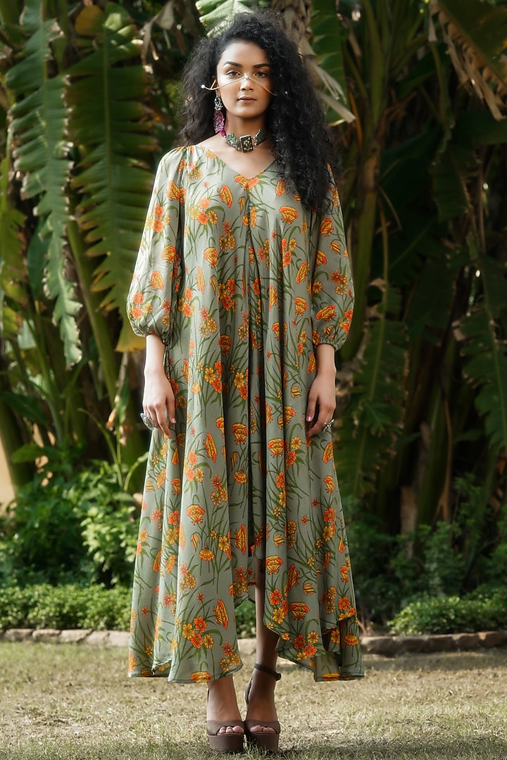 Sage Green Printed Flared Dress by Pallavi Jaipur