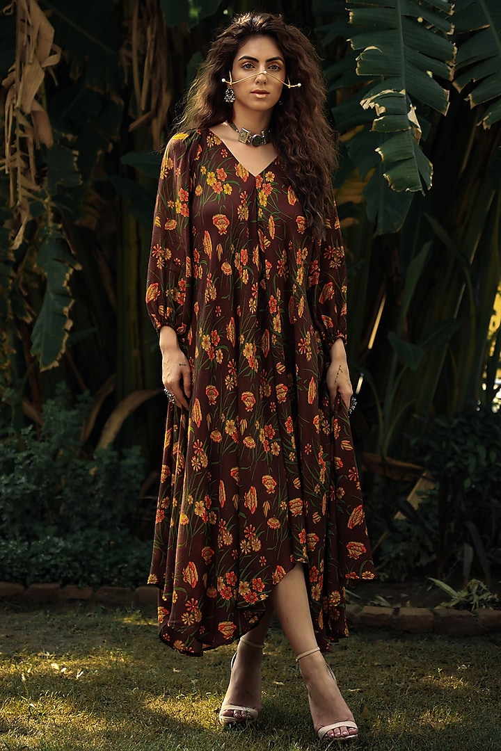 Coco Brown Printed Flared Dress by Pallavi Jaipur
