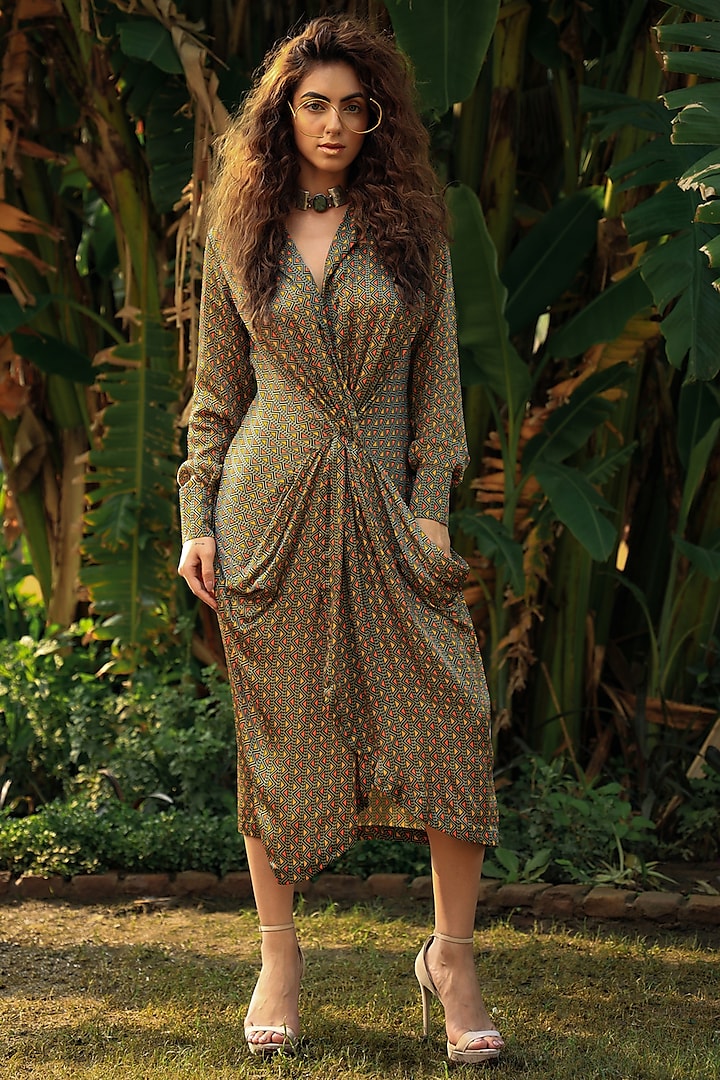 Sage Green Printed & Knotted Dress by Pallavi Jaipur