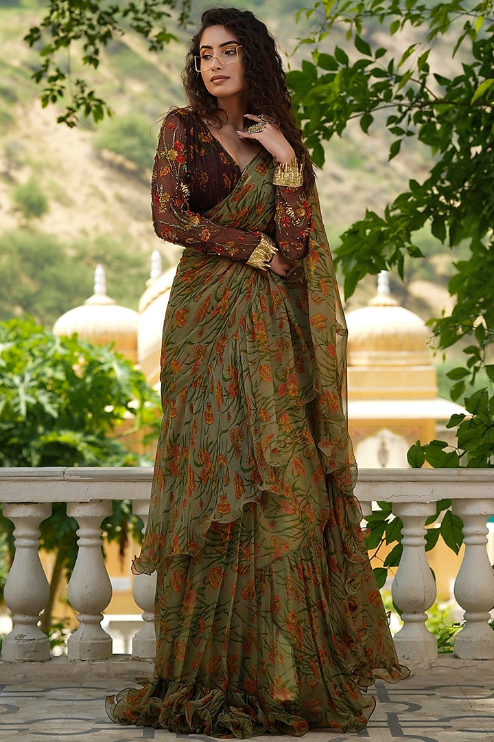Sage Green Printed Saree Set by Pallavi Jaipur
